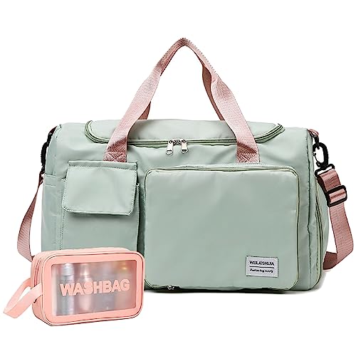 Travel Bag, Large Capacity Folding Travel Bag, Sports Gym Bag with Wet Pocket & Shoes Compartment, Foldable Travel Duffel Bag, Weekender Overnight Bag for Women and Man - color: Green+Toiletry Bag
