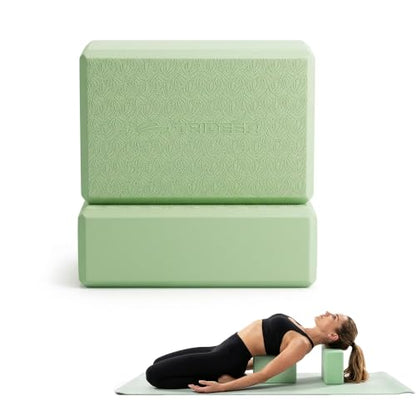 Yoga Blocks 2 Pack with Supportive Non-Slip Foam for Yoga Pilate Stretching - color: Mint Green-Leaf Pattern