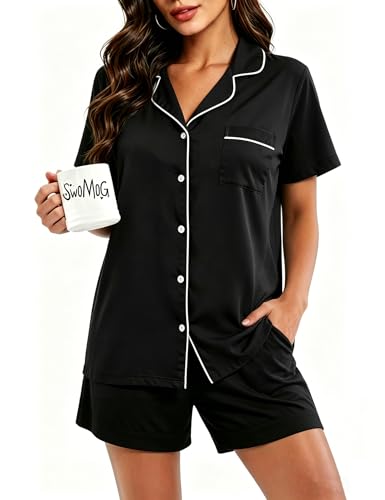 SWOMOG 100% Cotton Pajamas for Women Set, 2 Pieces Button Down Pjs Set, S-XXL - color: Black, size: Large