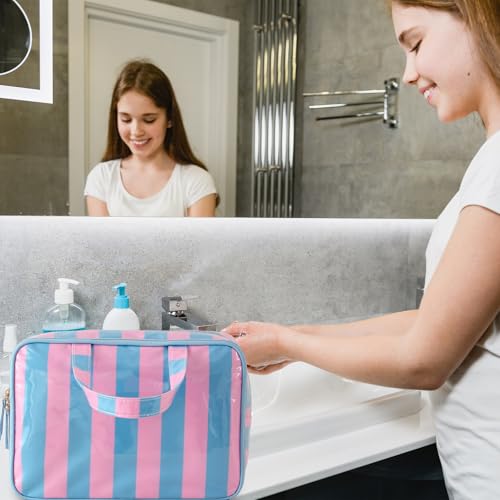 Toiletry Bag for Women, Pink and Blue Stripe - color: Pink-Blue