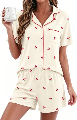 Pajamas for Women Set Button Down Short Sleeve Sleepwear Bride Pjs XS-XXL - color: Cherry, size: X-Large