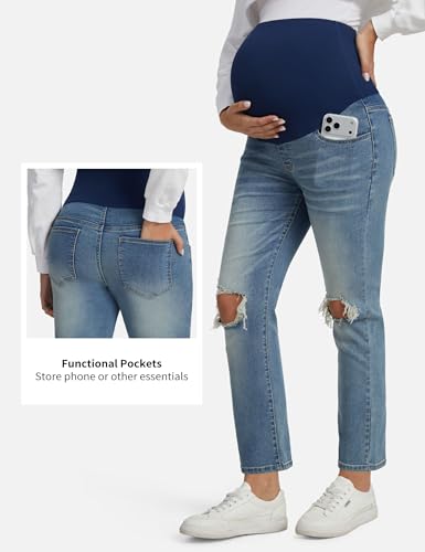 Peauty Ripped Maternity Jeans with Full Belly Panel, Straight Leg - size: 12