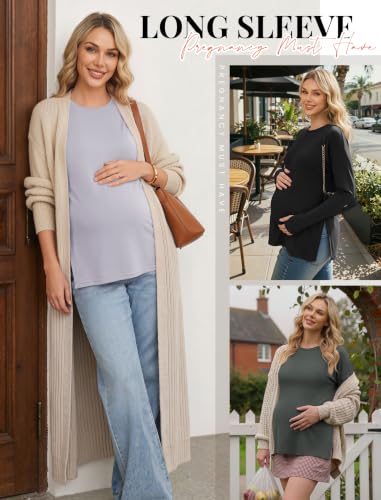 3 Pack Women Maternity Shirts Long Sleeve Pregnancy Tops with Thumb Hole - color: Light Grey/Black/Deep Army Green, size: Large