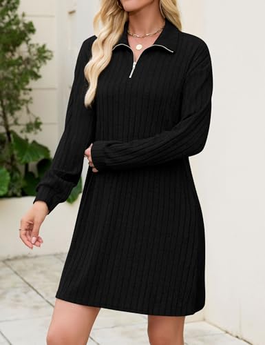 Naggoo Womens Fall Long Sleeve Dresses Collared V Neck Sweater Mini Dress - color: Black, size: Medium