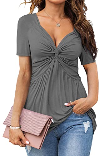 Tankaneo Womens Front Knotted V-Neck Blouse T Shirt Short Sleeve Oversized Tunic Tops Summer Solid Pullover Tees - color: A26-gray, size: Large