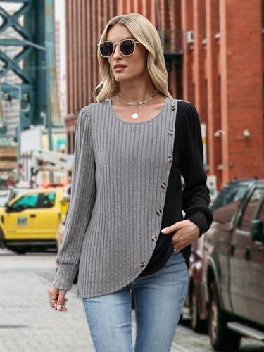 MixShe Womens Knit Sweaters 2026 Fall Winter Casual Long Sleeve Ribbed Colorblock Button Pullover Tops - color: Light Grey, size: XX-Large
