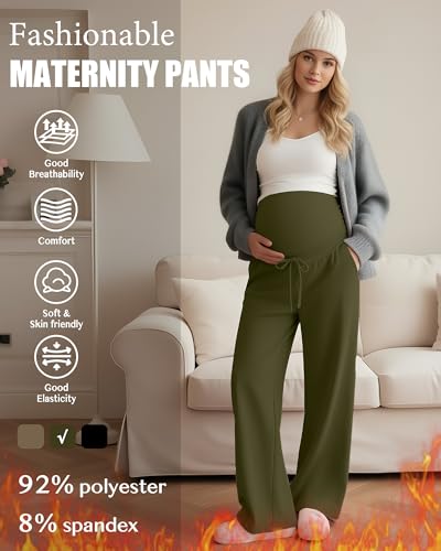 3 Pack Fleece Lined Maternity Sweatpants Lounge Pants - color: Black, Army Green, Dark Khaki, size: Large