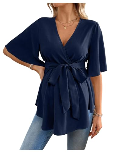 MakeMeChic Women's Maternity Nursing Blouse Wrap Belted Pregnancy Shirt - color: Dark Blue, size: Medium