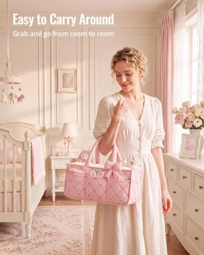 Blissful Diary Baby Diaper Caddy Organizer, Nursery Basket, Bow Light Pink - color: Bow Light Pink