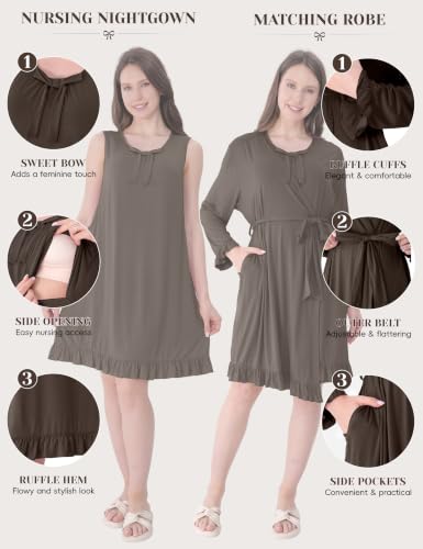 Maternity Nursing Gown & Robe Set, Ruffle Hospital Loungewear - color: Taupe, size: Large