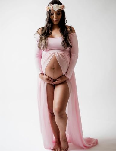 Maternity Off Shoulder Chiffon Gown Long Sleeve Front Split Maxi Photography Dress for Photoshoot - color: Pink, size: Small