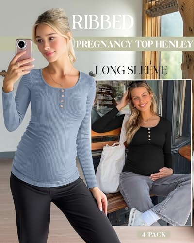 4 Pack Maternity Long Sleeve Shirts Pregnancy Tops - color: Black, Dark Gray, White, Gray-blue, size: Large