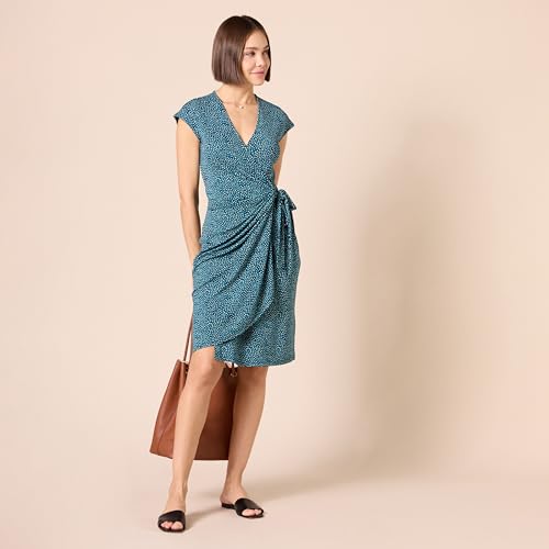 Amazon Essentials Women's Classic Cap Sleeve Wrap Dress with V Neck, Pleated Waist (Available in Plus Size) - color: Blue, Dots, size: Small