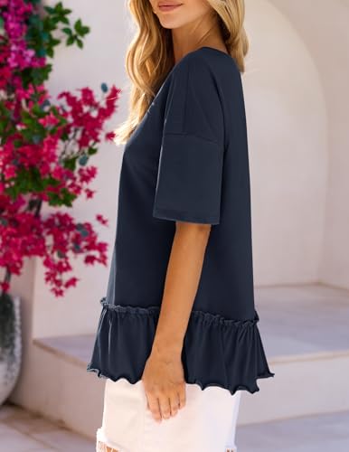 MEROKEETY Women's 2026 Summer Short Sleeve Peplum Casual Ruffle Tops - color: Navy, size: X-Large