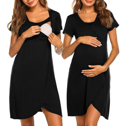 Nursing Nightgown Short Sleeve Breasfeeding Birthing Gown Maternity Dress - color: Black, size: Medium