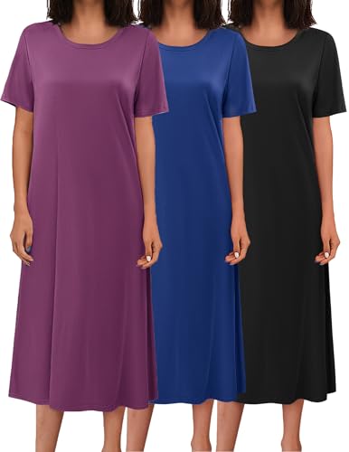 Ekouaer 3 Pack Long Nightgowns for Women Full Length Plus Size Nightshirt - color: Black,blue,purple, size: 5X-Large