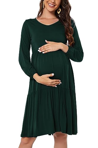 Smallshow Women's Maternity Dress Ruffle Long Sleeve Pregnancy Clothes - color: Deep Green, size: XX-Large