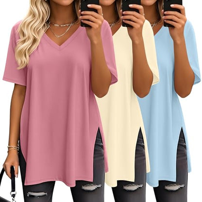 Huukeay 3 Pack Oversized Shirts for Women V Neck - color: Bean Paste Pink, Apricot, Light Blue, size: Large