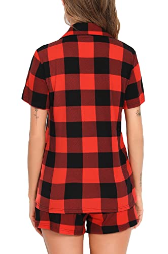 Samring Womens Pajamas Set Short Sleeve Button Down Sleepwear 2 Piece Pjs - color: Red and Black Plaid, size: X-Large
