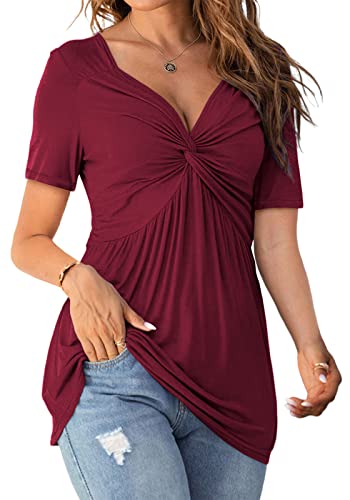 Tankaneo Womens Front Knotted V-Neck Blouse T Shirt Short Sleeve Oversized Tunic Tops Summer Solid Pullover Tees - color: B02-wine Red, size: Small