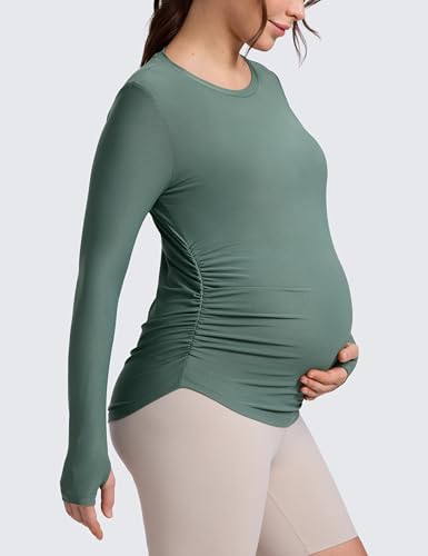 CRZ YOGA Maternity Side Ruched Tops - color: Graphite Green, size: Small