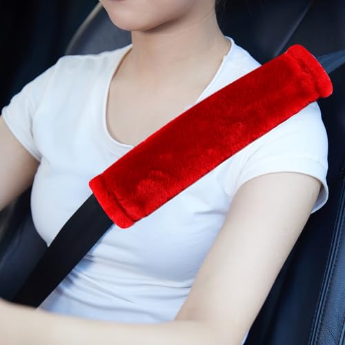 MOONET Universal Soft Faux Sheepskin Seatbelt Covers, 2 Pack (Red) - color: Red