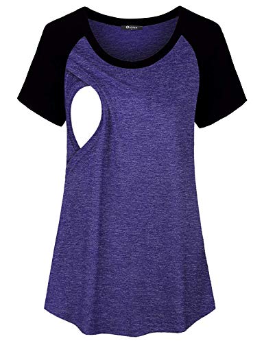Quinee Womens Short Sleeve Maternity Nursing Tops Raglan Breastfeeding Shirts - color: Purple Black2, size: Small