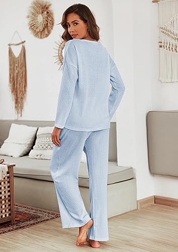 Ekouaer Waffle Knit Pajama Sets Comfy Lounge Sets 2 Piece Matching Pj Sets - color: Light Blue, size: Large