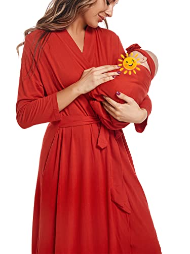 SUFEINI Maternity Robe with Matching Swaddle Blanket Set, Maternity Mommy Bathrobe Postpartum Robe Labor Gown