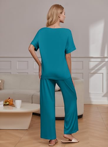 Ekouaer Pajama Sets Womens 2 Piece Short Sleeve Long Pants Pjs Lounge Set - color: Blue Green, size: Large