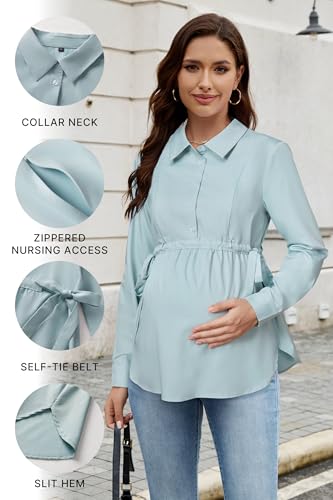 OUGES Women's Maternity Nursing Shirts Long Sleeve Hidden Zippers Pregnancy Blouse Button Down Work Office Tops 2025 - color: Gray Green, size: XX-Large