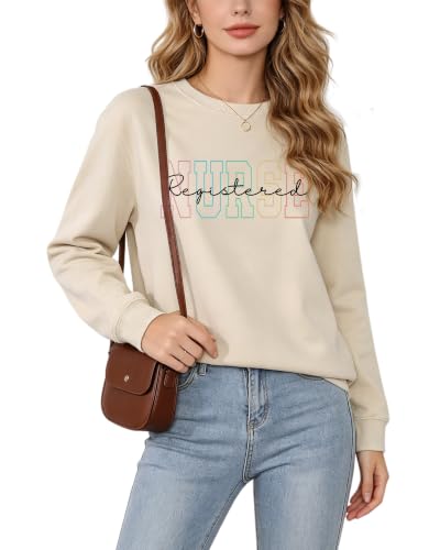 Registered Nurse Sweatshirt Women RN Nurse Long Sleeve Graphic Shirts - color: Beige, size: X-Large