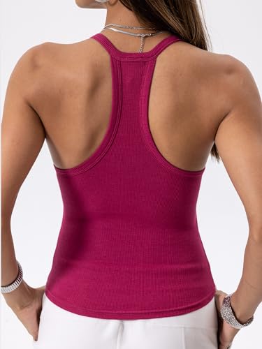Danysu V Neck Racer Back Tank Tops for Women Padded Fitted Long Basic Cami - color: Berry Pink, size: Medium