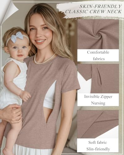 Huukeay 3 Pack Women's Nursing Tops - color: Cream, Mocha, Camel, size: Small