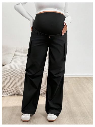 MakeMeChic Women's Maternity Cargo Pants High Waisted Wide Leg Trousers - color: Black, size: Medium