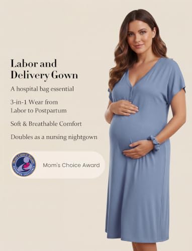 PATPAT Maternity Labor and Delivery Gown, Womens Hospital Gown with Pockets - color: Dusty Blue, size: Medium (Fit S/M)