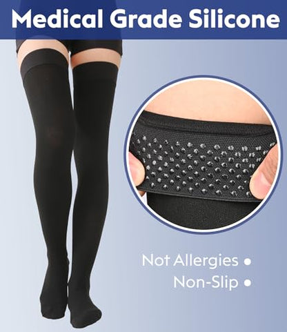 KEKING Compression Stockings 15-20mmHg Thigh High Closed Toe Opaque Unisex - color: 15-20mmhg Black Closed Toe, size: Medium