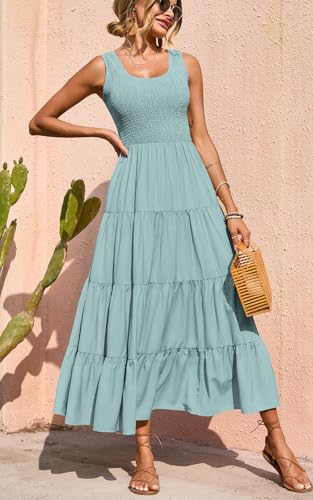 PRETTYGARDEN Women's Smocked Tank Casual Plain Maxi Sundress with Pockets - color: Aqua Green, size: Large