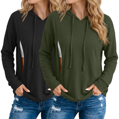 Ficerd 2 Pack Women's Nursing Waffle Hoodies Breastfeeding Tops - color: Army Green, Black, size: Small