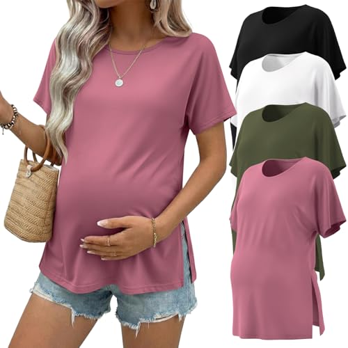 Ekouaer 4 Pack Maternity Shirts Short Sleeve Pregnancy Casual Tunic Tops - color: Black/Army Green/White/Gray Purple, size: Medium