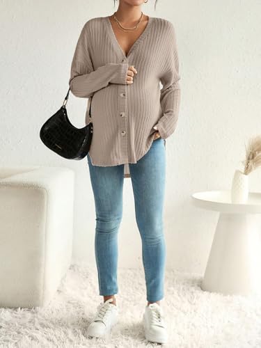 COZYEASE Women's Maternity Button Down Shirt Casual Cardigan Fall Sweaters - color: Pure Brown, size: X-Small