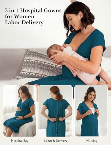 PATPAT Maternity Labor and Delivery Gown, Womens Hospital Gown with Pockets - color: Teal, size: Medium (Fit S/M)