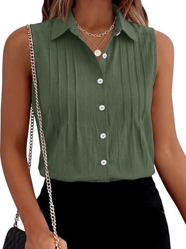 LOMON Women’s Summer Sleeveless Button Down Shirt Office Collared Blouses with Pleated Front Casual Basic Tank Tops - color: Amy Green（cotton）, size: Large