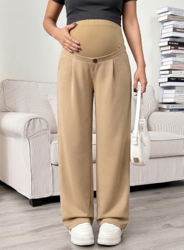 BLENCOT Maternity Pants Over Belly Stretchy Wide Leg Work Trousers - color: Camel, size: Small