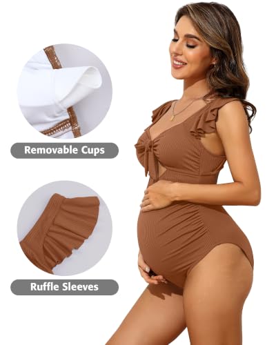 Charmo Ruffle Maternity Bathing Suits Ribbed Tie Knot Pregnancy Swimsuit - color: Caramel, size: Small