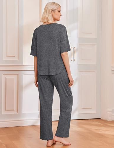 Ekouaer 2 Pack Womens Pajamas Sets Short Sleeve Long Pants Pjs Lounge Set - color: Dark Grey/Grey Striped, size: XX-Large