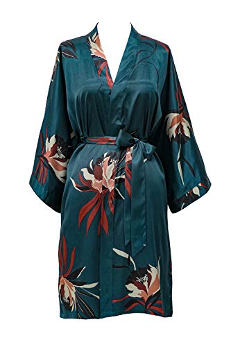 KIM+ONO Satin Short Kimono Robe for Women - color: Hana - Teal