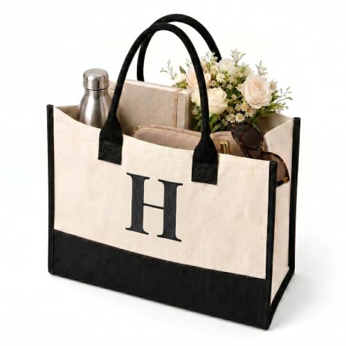 Salt Earth Canvas Tote Bag for Women, Personalized Initial Monogram Tote, Beach Grocery Utility Tote for Travel & Work - color: H, size: Soho Signature