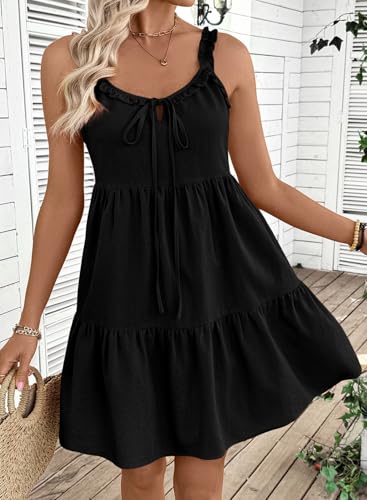 BLENCOT Maternity Dress Sleeveless Tie-Front Ruffle Strap Smocked Tiered Midi Dress with Pockets - color: Black, size: X-Large