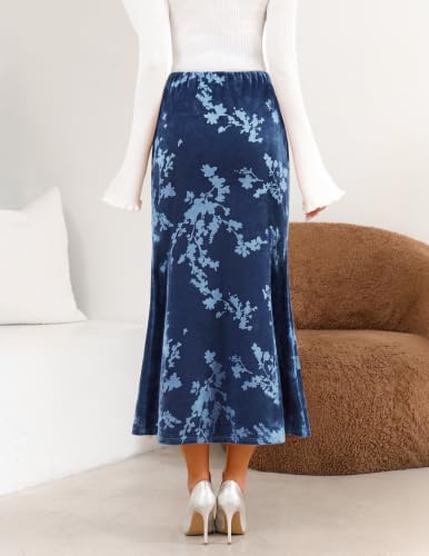 MEROKEETY Women's Fall Floral Velvet Maxi Skirt - color: Blue, size: X-Large